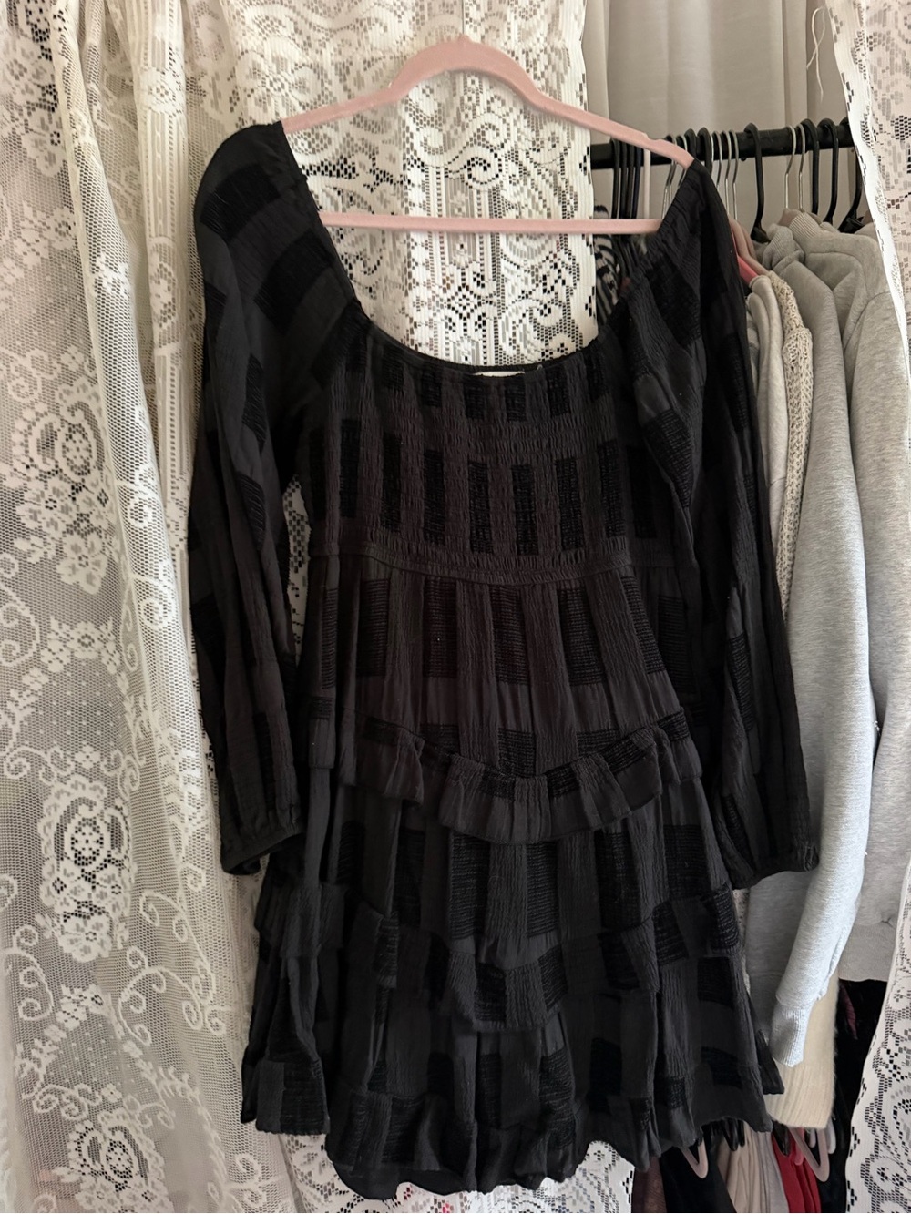 Altar'd State Black Textured Tiered Long Sleeve Dress